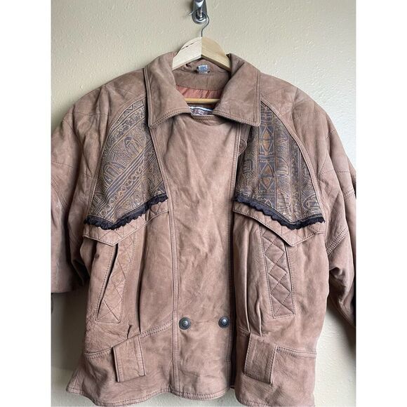 Vintage A.D.A. Leather Bomber Jacket with Tooled Southwestern Theme Women’s L - Picture 1 of 12